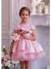 Cap Sleeves Pink Sequin Tulle V Back Flower Girl Dress